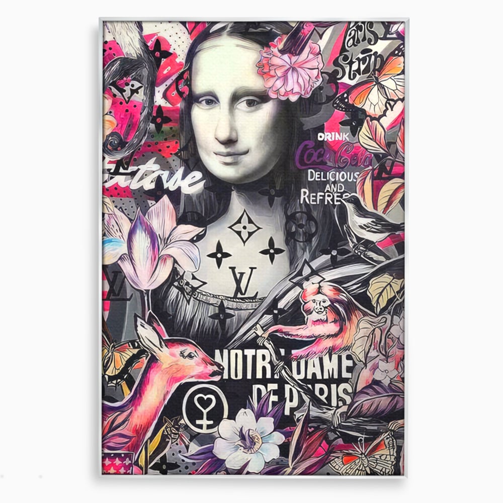 Tablou canvas cu tablou canvas cu mona lisa graffiti, in rama de aluminiu argintiu